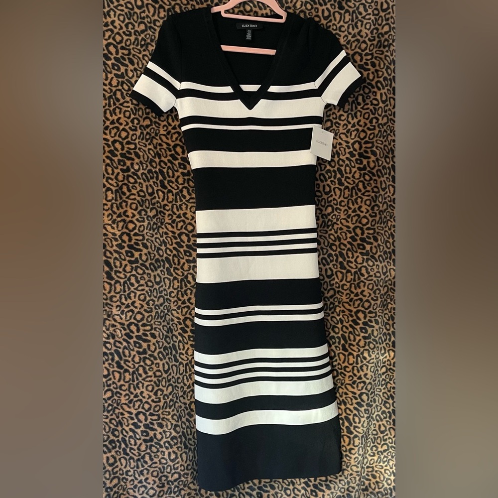Ellen Tracy Black and White Striped Bodycon Dress